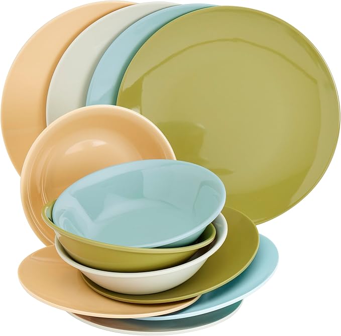 Tabletops Gallery 12 Piece Blue Green Coral Melamine Dinnerware Set Plates Bowls for Indoor Outdoor Use Service for 4 Enchanted