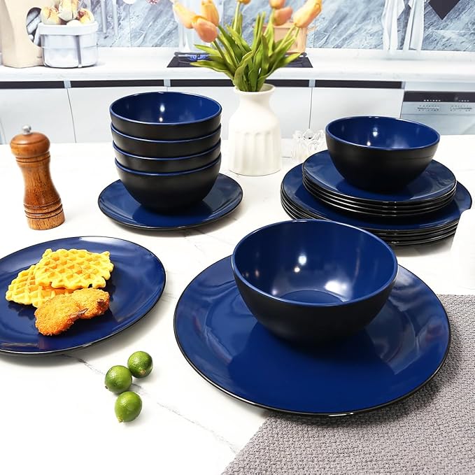 TP 18-Piece Dinnerware Set Melamine Dishes Set with Bowls and Plates Service for 6 Non-breakable Lightweight Dining Tableware Blue and Black
