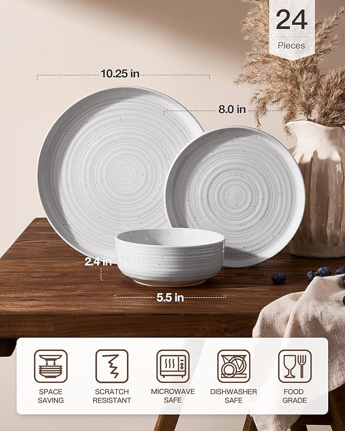 Stoneware Dinnerware Set Highly Chip and Scratch Resistant Everyday Plates and Bowls for 8 (24pcs) Reactive Glaze Speckled Ceramic Flared Dishes with Gift Box Microwave Dishwasher Safe White