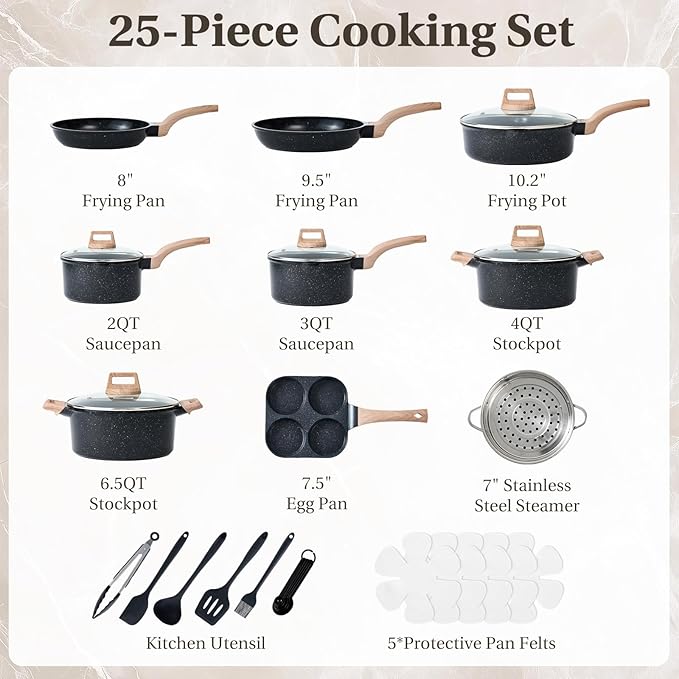 DUMOS 25 Pcs Pots and Pans Set Nonstick Kitchen Cookware Set Induction Cooking Sets with Stay-Cool Handles Black