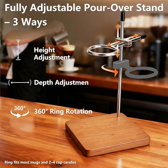 Pour Over Coffee Stand with Solid American Cherry Base Height Adjustable Coffee Dripper Stand Wooden Brewing Station for V60 Elegant Gift for Home Barista &amp Kitchen Décor