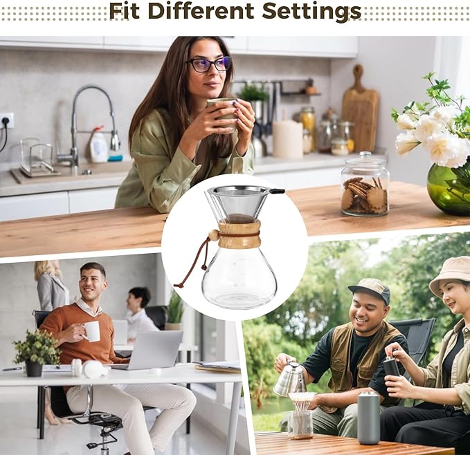 20 Oz Borosilicate Glass Pour Over Coffee Maker With Stainless Steel Filter Wood Collar Heat Resistant Carafe For Home Camping And Office Use