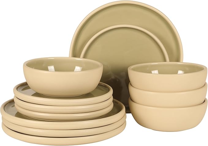 Gibson Elite - Made in Portugal - Port Gaia 12 Piece (Service for 4) Plates and Bowls Reactive Glaze Dishes Stoneware Ceramic Dinnerware Set - Grey