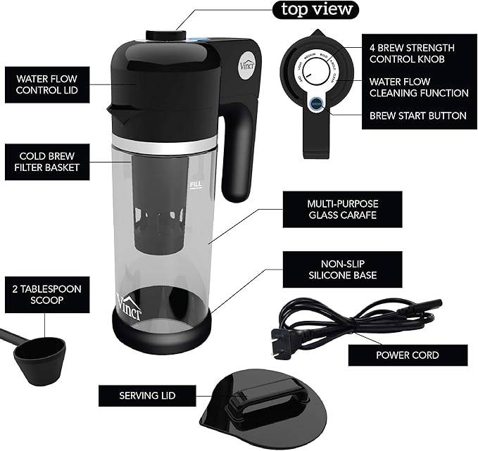 VINCI Express Cold Brew Electric Cold Brew Coffee Maker in 10 minutes Glass Carafe 3 Brew Strength Settings &amp Cleaning Cycle Easy to Use &amp Clean Cold Brewer for Iced Coffee 1.4 L Dial Co