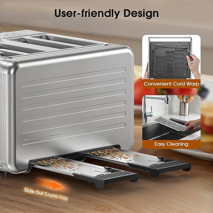 Smart Toaster 4 Slice Wide Slot– Dual Digital TouchScreen &amp Independent Control for Family | 1800W Stainless Steel for 5 Bread Types &amp 6 Toast Settings | Defrost Reheat &amp Single-Slice Mode