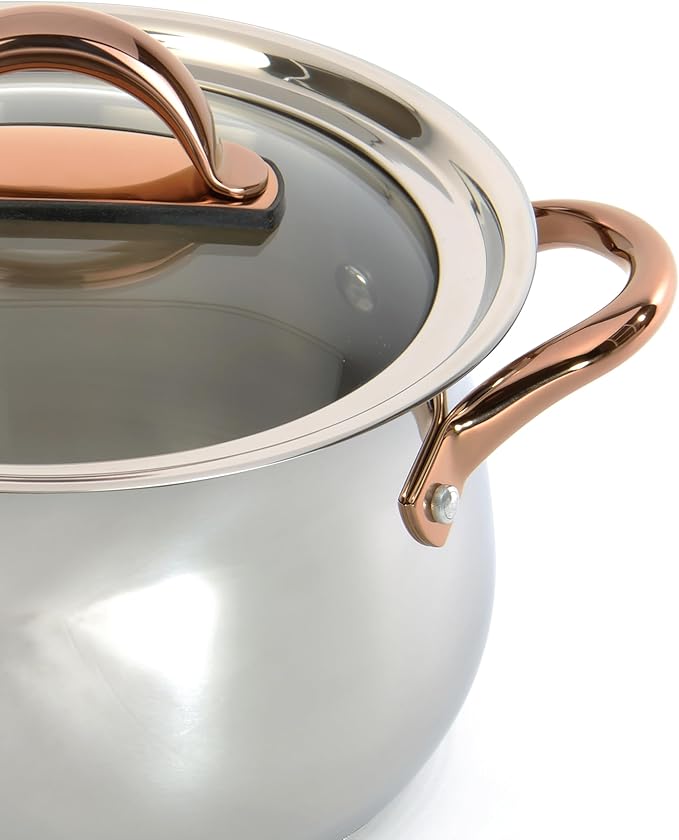 BergHOFF Ouro Gold 3Pc 18/10 Stainless Steel Steamer Set With Glass Lids Rose Gold Handle PFOA-free Induction Cooktop Ready Even Heat