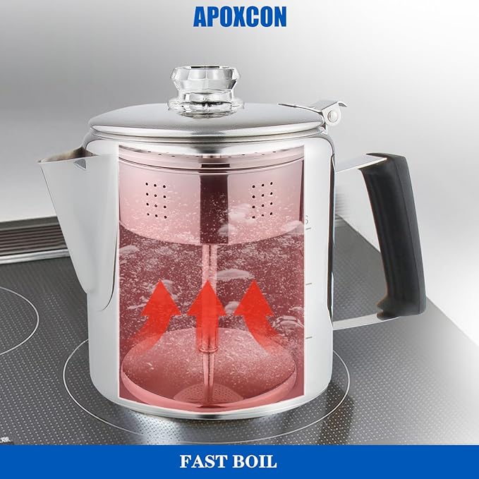 Multi Use Percolator Coffee Pot Stainless Steel Stove Top Coffee Maker with Two Tough Borosilicate Glass Knob Silica Handle Camping Coffee Pot Using on Campfire Stove &amp Induction Cooker Silver 6 C