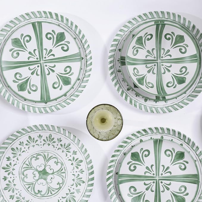 Melamine Dinnerware Sets Dinnerware Sets for 4 12Pcs Plates and Bowls Sets Green Floral Embossed Design Dish Set for Indoor and Outdoor Use