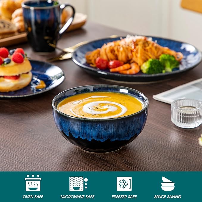 vancasso Starry 16 Pieces Dinnerware Set for 4 Reactive Glaze Blue Stoneware Plates and Bowls Set Dishes Set with Mugs for 4 Microwave &amp Dishwasher Safe