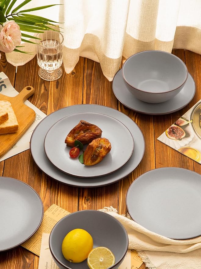 Famiware Venus Dinnerware Sets and Mercury Coffee Mugs Set of 4 16 Pieces Plates and Bowls Sets Microwave and Dishwasher Safe Light Gray