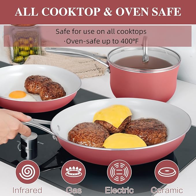 Kitchen Pots and Pans Set Non Stick 11 Pcs Ceramic Cookware Set with Stay-Cool Handle Pot and Pan Set NonToxic PFOA/PFAS Free Dishwasher/Oven Safe Evenly Heats Enamel Exterior - Coral Red