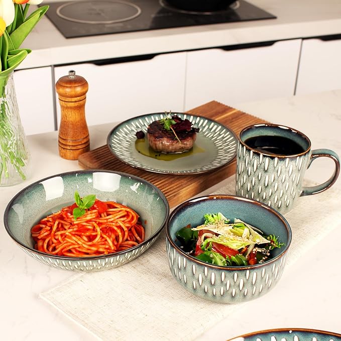 Dinnerware Sets 16 Pieces - Round Reactive Glaze Tableware - Kitchen Dinnerware Porcelain Crockery with Dinner Plate Bowl and Soup Plate Service for 4 Microwave Dishwasher Safe Set No.4