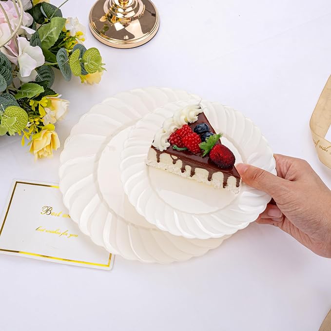 U-QE 100 Piece Ivory Scalloped Plastic Plates for Party - Plastic Plates Disposable Heavy Duty - High End Disposable Plates for Wedding Including 50PCS 9 '' Dinner Plates &amp 50PCS 6.5 '' Dessert Pl