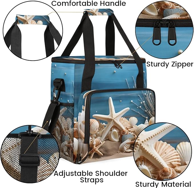 Beach Seashell Starfish Coffee Maker Travel Bag for Keurig K-Mini/K-Mini Plus Insulated Waterproof Tote with Pockets for K-Cup Portable Single-Serve Brewer Case