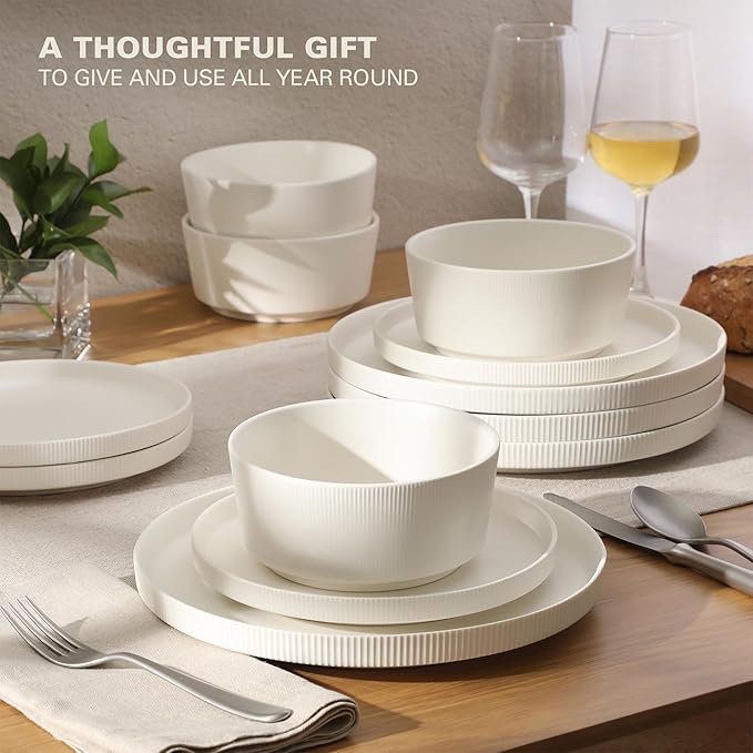 Gibson Home Dempsey Road 12-Piece Stoneware Dinnerware Set – Service for 4 Round White Plates and Bowls Durable Solid Color Modern Embossed Dish Set Microwave &amp Dishwasher Safe