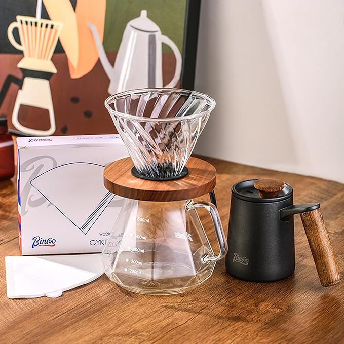 Bincoo Pour Over Coffee Maker Set - Borosilicate Glass Dripper with Walnut Handle &amp Glass Lid 50 pcs Paper Filters Included - 600ml Pour Over Coffee Dripper for Home Café &amp Camping (Dark Gr