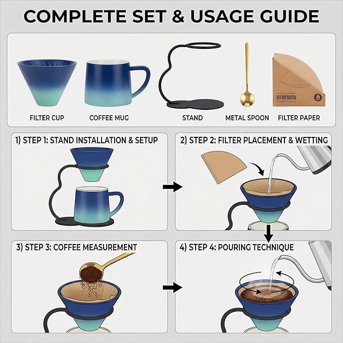 Pour Over Coffee Maker setCeramic Coffee Maker With V60 40 pcs Paper FilterMetal Stand 9oz 270ml mug Pour Over Coffee Dripper blue