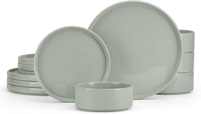 E-far Stoneware Dinnerware Sets 12-Piece Plates and Bowls Dish Set for 4 Kitchen Modern Dinning Ware Chip and Scratch Resistant Microwave &amp Dishwasher Safe Speckled Green