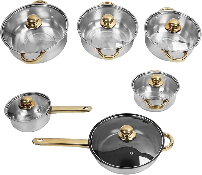 Stainless Steel Cookware Set Rustproof Stick Proof Pan Pot for Home Kitchen (Gold Handle)