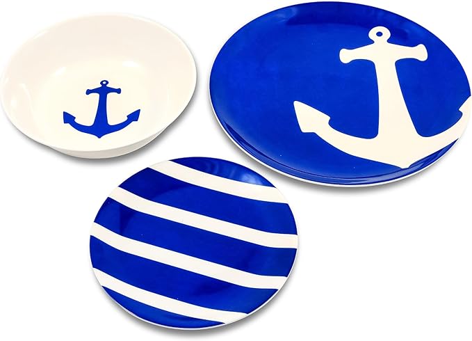 Camco 12 Piece Melamine Dishware Set - Features Blue and White Nautical Design - Includes 4 Bowls 4 Salad Plates &amp $ Dinner Plates - Dishwasher Safe Dish Set (41951)