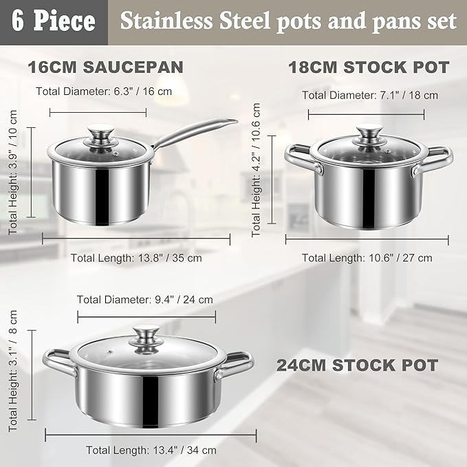 Stainless Steel pots and pans set 6 Piece Nonstick Induction Kitchen Cookware Set Works with Induction/Electric and Gas Cooktops Nonstick Oven Safe Camping Cookware