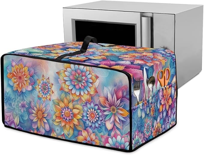 Heat-Resistant Toaster Oven Cover Faux Linen Polyester Appliances Dust Cover for Convection Toaster Oven Air Fryer with Top Handle Side Pockets Mandala Flower