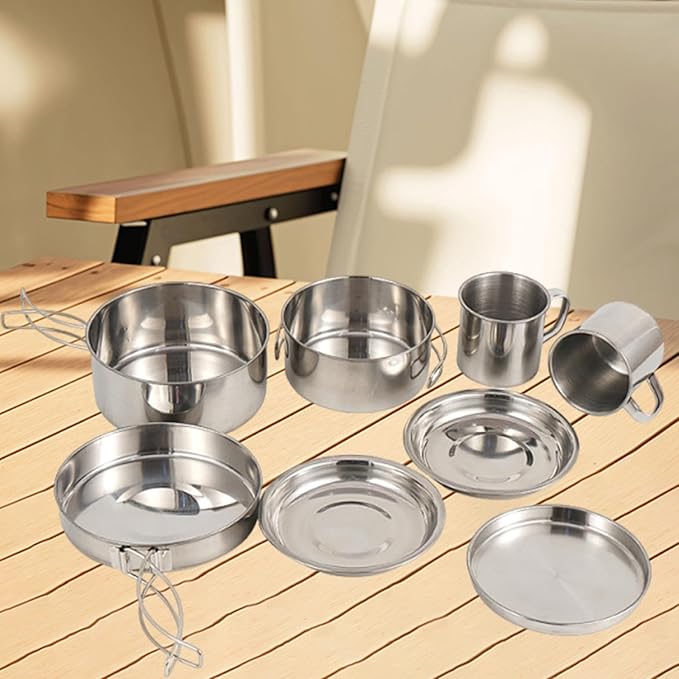 8X Camping Cookware Mess Kit Camping Utensils Set Folding Handle Cookset Pot Pan Cup Gear Outdoor Cutlery for Fishing Outdoor