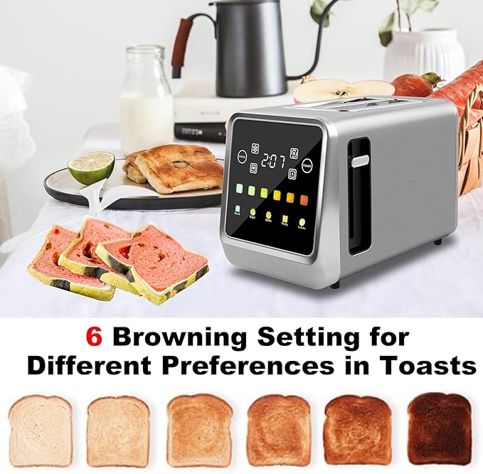 Touch Screen Toaster 2 Slice Bagel Toasters with LCD Display Stainless Steel Smart Digital Toasters with Single Slot ToastingExtra Wide Slots Toaster with Memory/Bagel/Defrost/Reheat Functions