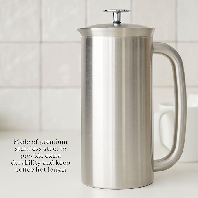 ESPRO - P7 French Press - Double Walled Stainless Steel Insulated Coffee and Tea Maker with Micro-Filter - Keep Drinks Hotter for Longer (Brushed Stainless Steel 18 Oz) Cleaning Powder
