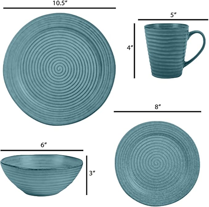 Elanze Designs Charming Chic Ribbed Modern Thrown Pottery Look Ceramic Stoneware Plate Platter Mug &amp Bowl Kitchen Dish Dinnerware 16 Piece Set - Service for 4 Turquoise