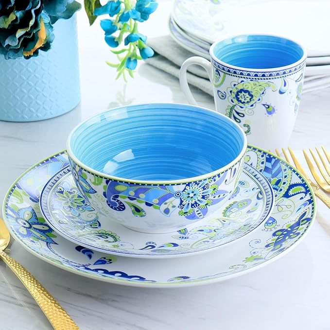 Blue Fiesta 16 Piece Porcelain Dinnerware Set – Round Mandala Plates Bowls &amp Mugs in Vibrant Blue and Green – Microwave &amp Dishwasher Safe Tableware for 4