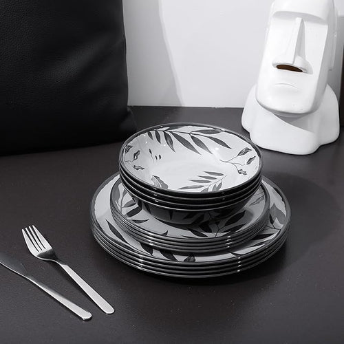 12pcs Melamine Dinnerware Set - Service for 4 Melamine Plates and Bowls Set Unbreakable Dinner Salad Dessert Plate Cereal Bowl Set for Indoor/Outdoor Gray Leaf