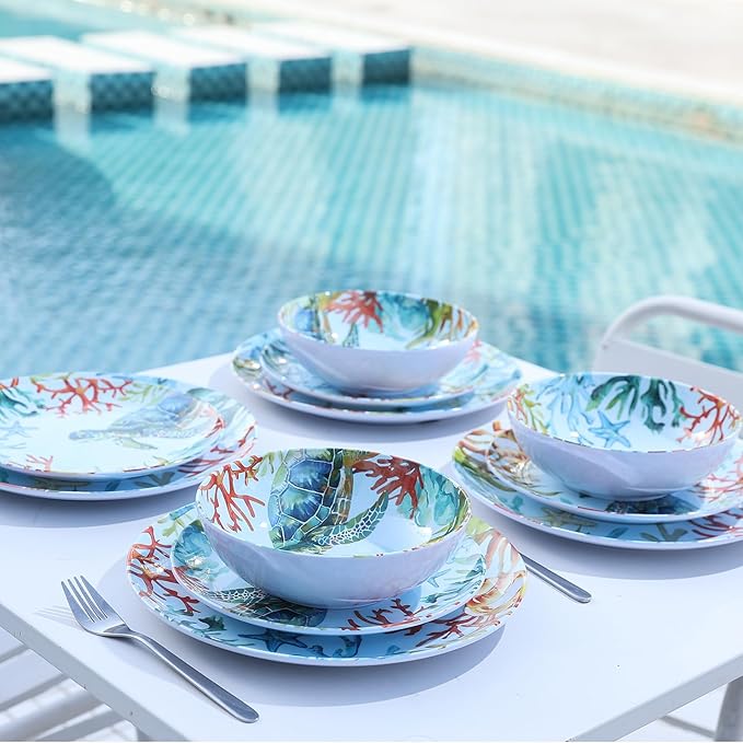 12-Piece Melamine Turtle Dinnerware Set &amp Service platter Unbreakable Lightweight Tableware Set - Turtle