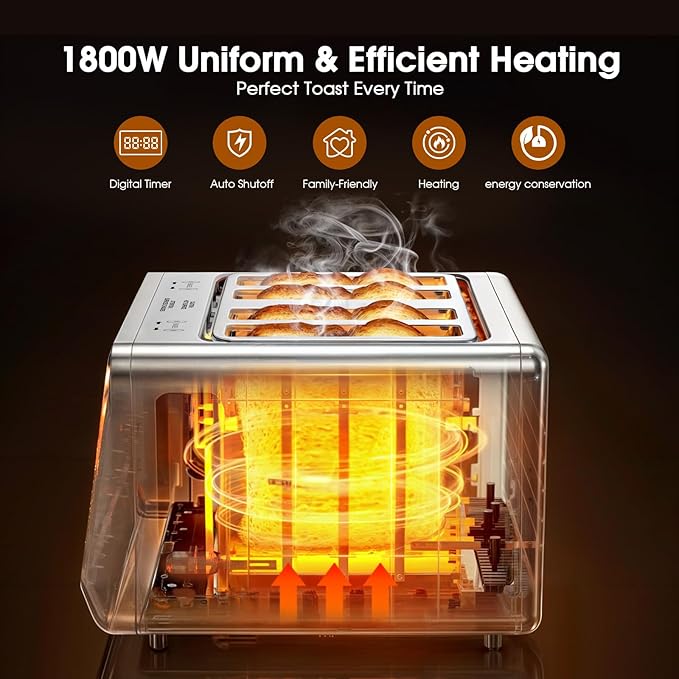 Smart Toaster 4 Slice Wide Slot– Dual Digital TouchScreen &amp Independent Control for Family | 1800W Stainless Steel for 5 Bread Types &amp 6 Toast Settings | Defrost Reheat &amp Single-Slice Mode