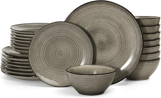 famiware Tempus Plates and Bowls Sets for 8 24 Pieces Stoneware Dinnerware Sets Dishes Set Reactive Glaze Dishware Sets Dishwasher &amp Microwave Safe - Castle Wall