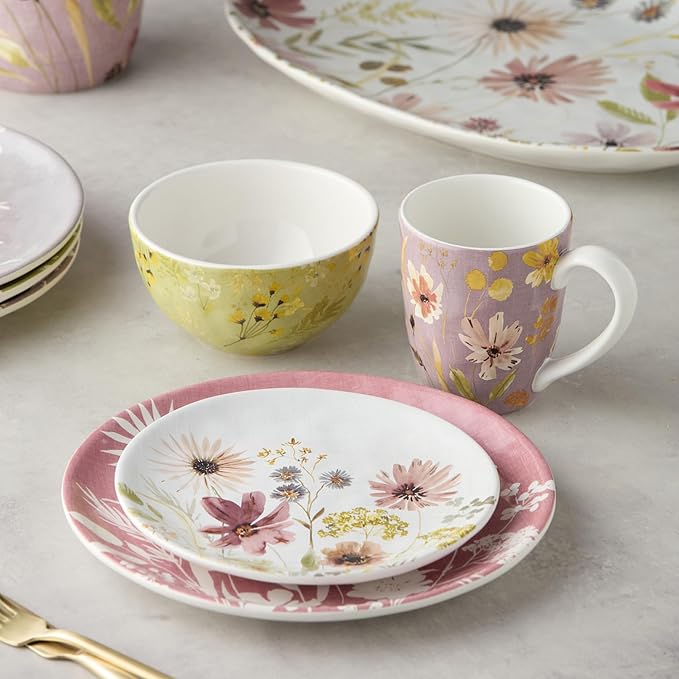Wildflowers Ceramic 16-Piece DINNERWARE SET SERVICE for FOUR with Floral Watercolor Dinner Plates Salad Plates Mugs and Ice Cream Bowls Artistic Garden-Inspired Botanical Tableware