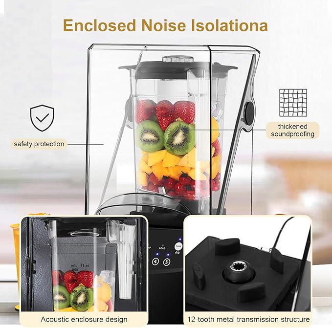 Commercial Smoothie Blender 1.8 L Quiet Countertop Blender with Soundproof Shield for Fruit/Milkshake/Vegetable/Smoothie Cocktail 17000 RPM Professional Grade Blending 2200 W