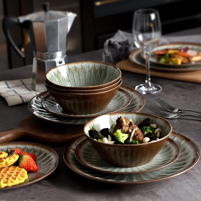 Melamine Dinnerware Sets for 412 Pcs Party Plates and Bowls SetsOutdoor Use Harvest Dinner Dishes SetGreat for RVs CampingLightweight UnbreakableDishwasher SafeSage Green