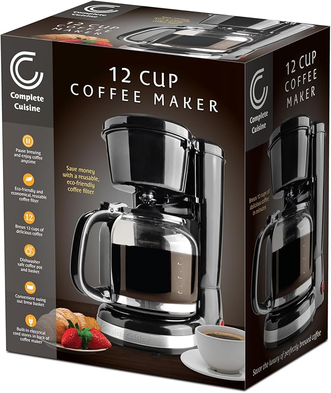 CC-1203-12C 12-Cup Coffee Maker Stainless-Steel Coffee Maker with Glass Coffee Pot Carafe and Reusable Coffee Filter