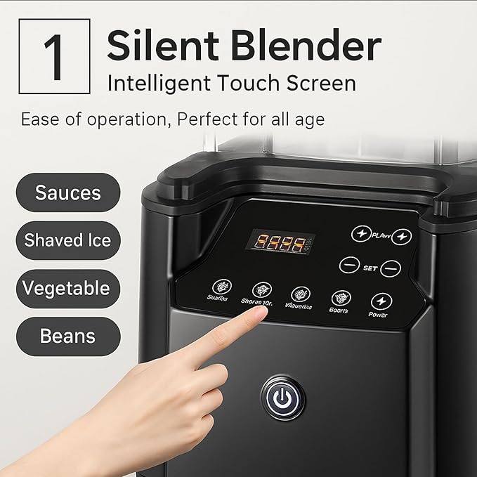 2200W Quiet Commercial Blender with Soundproof Shield – 2.2L Countertop Smoothie Maker with Smart Touch Screen – High Speed Food Blender for Ice Juices Shakes Restaurants Home UseBlack
