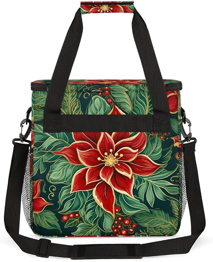 Holly Berry Flowers Coffee Maker Carrying Bag Xmas Flowers Travel Storage Bag Compatible with K-Mini or K-Mini Plus Single Serve Coffee Brewer Carrying Case with Multiple Pockets &amp Shoulder Stra