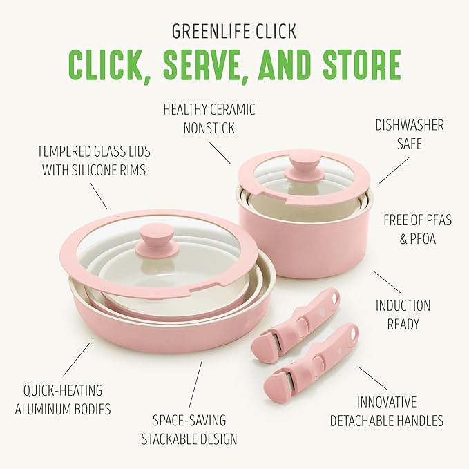 GreenLife 10 Piece Nonstick Pots &amp Pans Set Detachable Handle &amp Stackable Cookware Set Non Toxic PFAS-Free Skillets Induction Kitchen Pans Space Saving Serving Bowls Oven Safe Light Pin