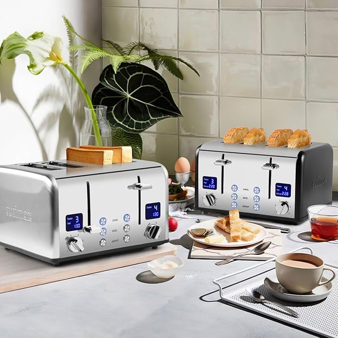 Stainless Steel Toaster CUSIMAX 4 Slice Toaster with Smart LED Display Exart Wide Slots 6 Shade Settings 1650 Watts Bagel and Defrost Fuction Cancel Button Removable Crumb Trays