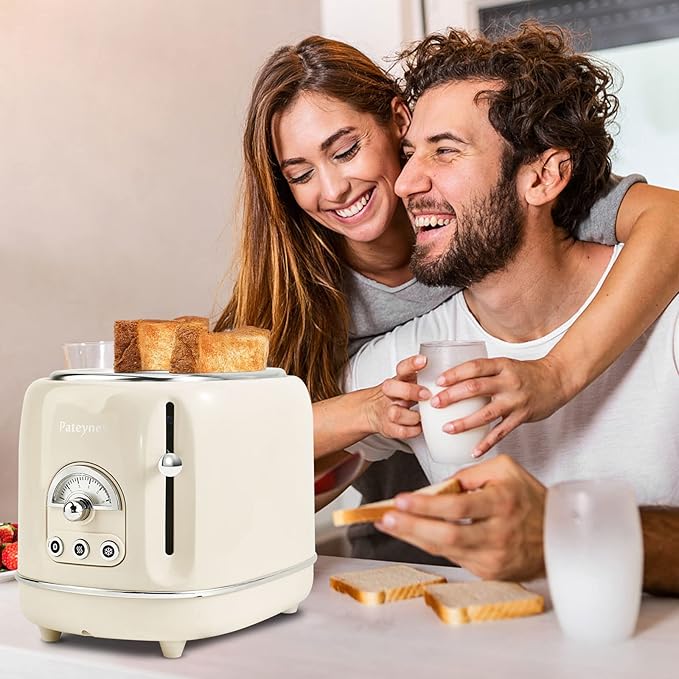 Retro Stainless Steel Toaster - 2 Slice Extra-Wide Slot 6 Adjustable Settings Removable Crumb Tray Defrost Cancel Reheat (Cream)