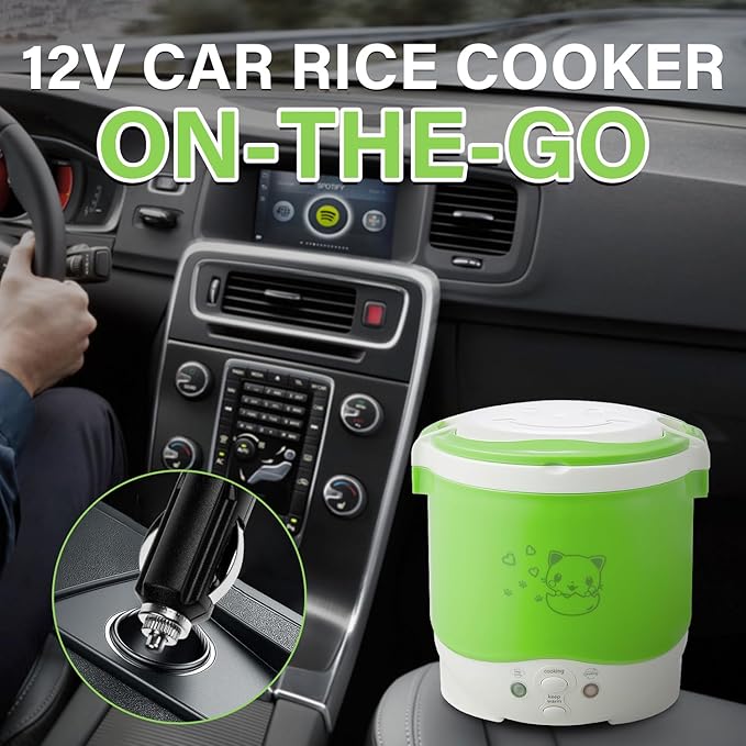 OSBA Mini Rice Cooker 1L Travel Rice Cooker Small 12V For Car Cooking For Soup Porridge and Rice Cooking Heating and Keeping Warm Function(Green)