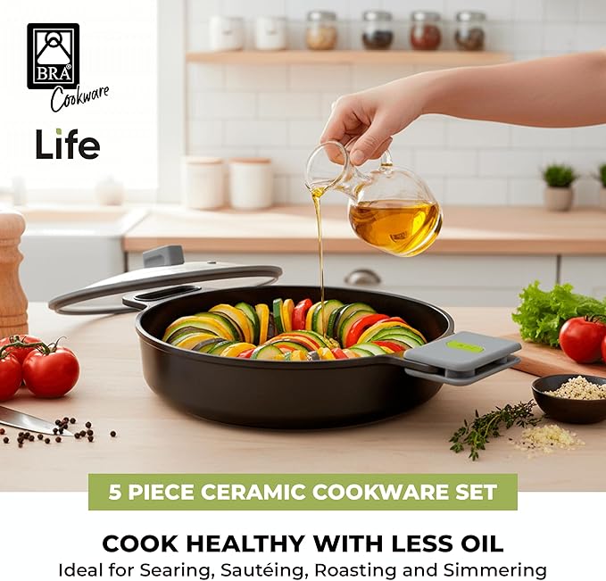BRA COOKWARE Life 5-Piece Ceramic Cookware Set | Recycled Cast Aluminum Pots &amp Pans Set w/ 1 Sauté Pan 2 Pan 1 Wok 1 Lid | Ceramic Non-Stick Coating | All Stovetos | PFOA Free