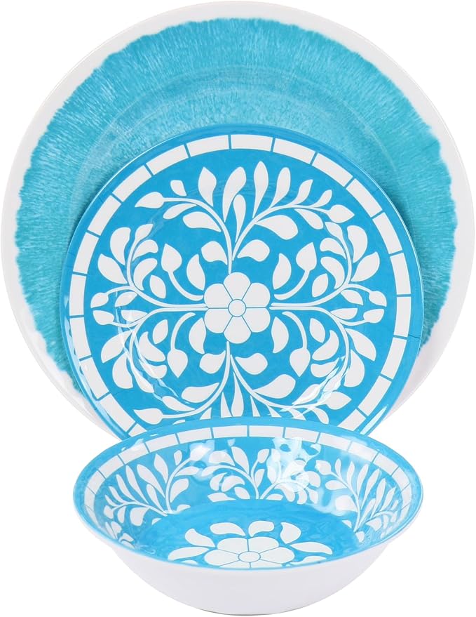 12 Piece Melamine Dinnerware Set for 4 – Lightweight Unbreakable Plates and Bowls in Teal and Blue – Outdoor Indoor Dinnerware for Camping Patio &amp Everyday Use (Teal)