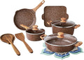 Pots and Pans Set Non stick 14-Piece Cast Aluminum Cookware Non Stick Kitchen Cooking with Frying Pans &amp cooking utensils set (Brown Speckle)