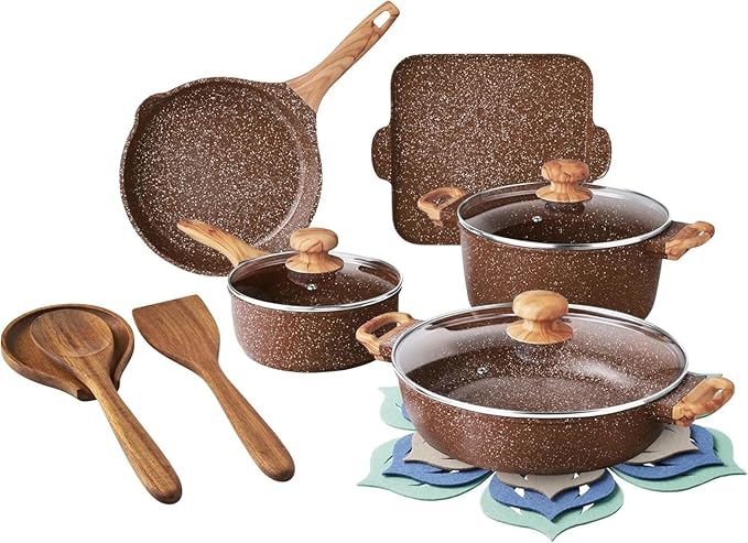 Pots and Pans Set Non stick 14-Piece Cast Aluminum Cookware Non Stick Kitchen Cooking with Frying Pans &amp cooking utensils set (Brown Speckle)