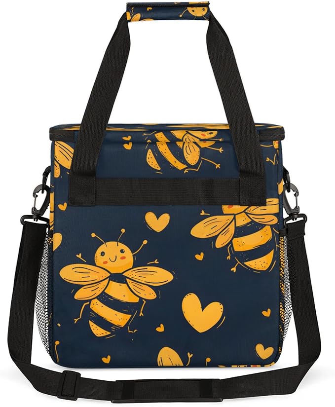 Bees Love Heart Coffee Maker Travel Bag for Keurig K-Mini/K-Mini Plus Insulated Waterproof Tote with Pockets for K-Cup Portable Single-Serve Brewer Case